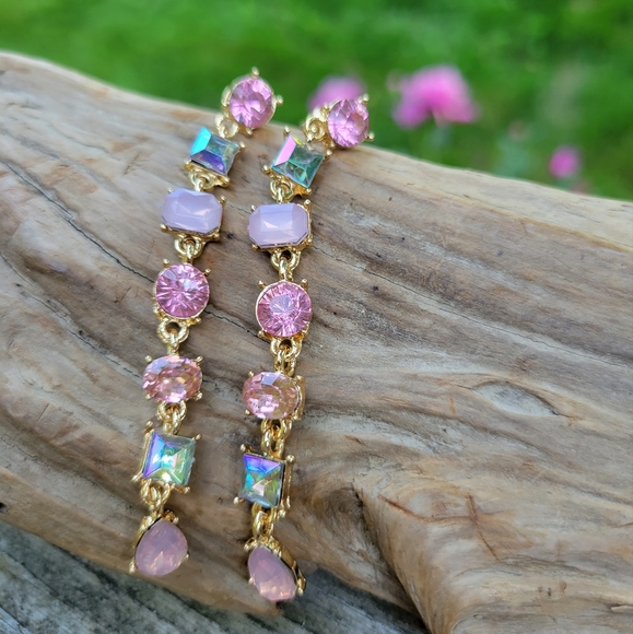 Pink Pastel Sparkle Channel Dangle Earrings, opalescent glam - Picture 4 of 5